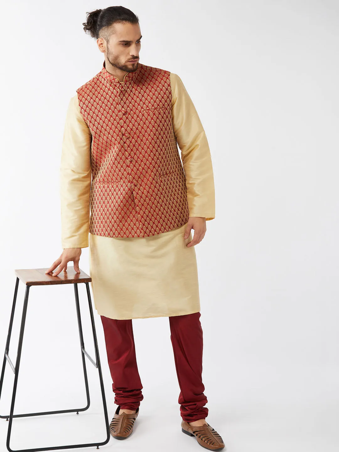 Jashvi Men's  Maroon Silk Blend Ethnic Jacket, Gold Kurta and Maroon Pyjama Set