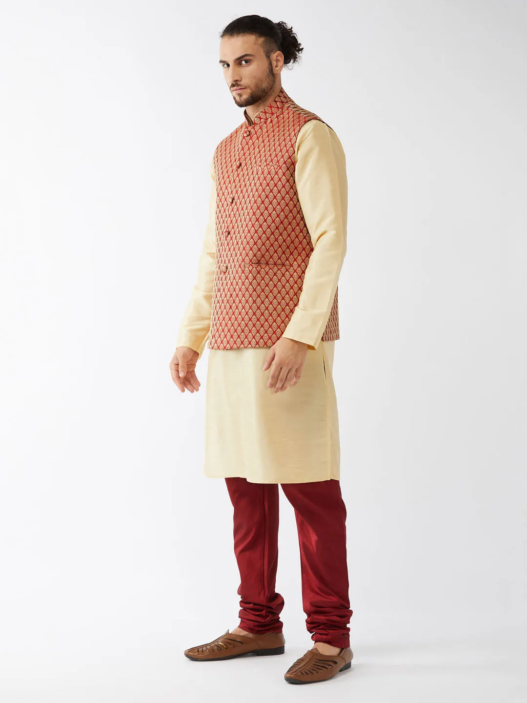 Jashvi Men's  Maroon Silk Blend Ethnic Jacket, Gold Kurta and Maroon Pyjama Set