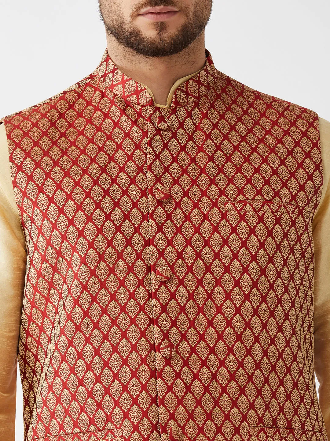 Jashvi Men's  Maroon Silk Blend Ethnic Jacket, Gold Kurta and Maroon Pyjama Set