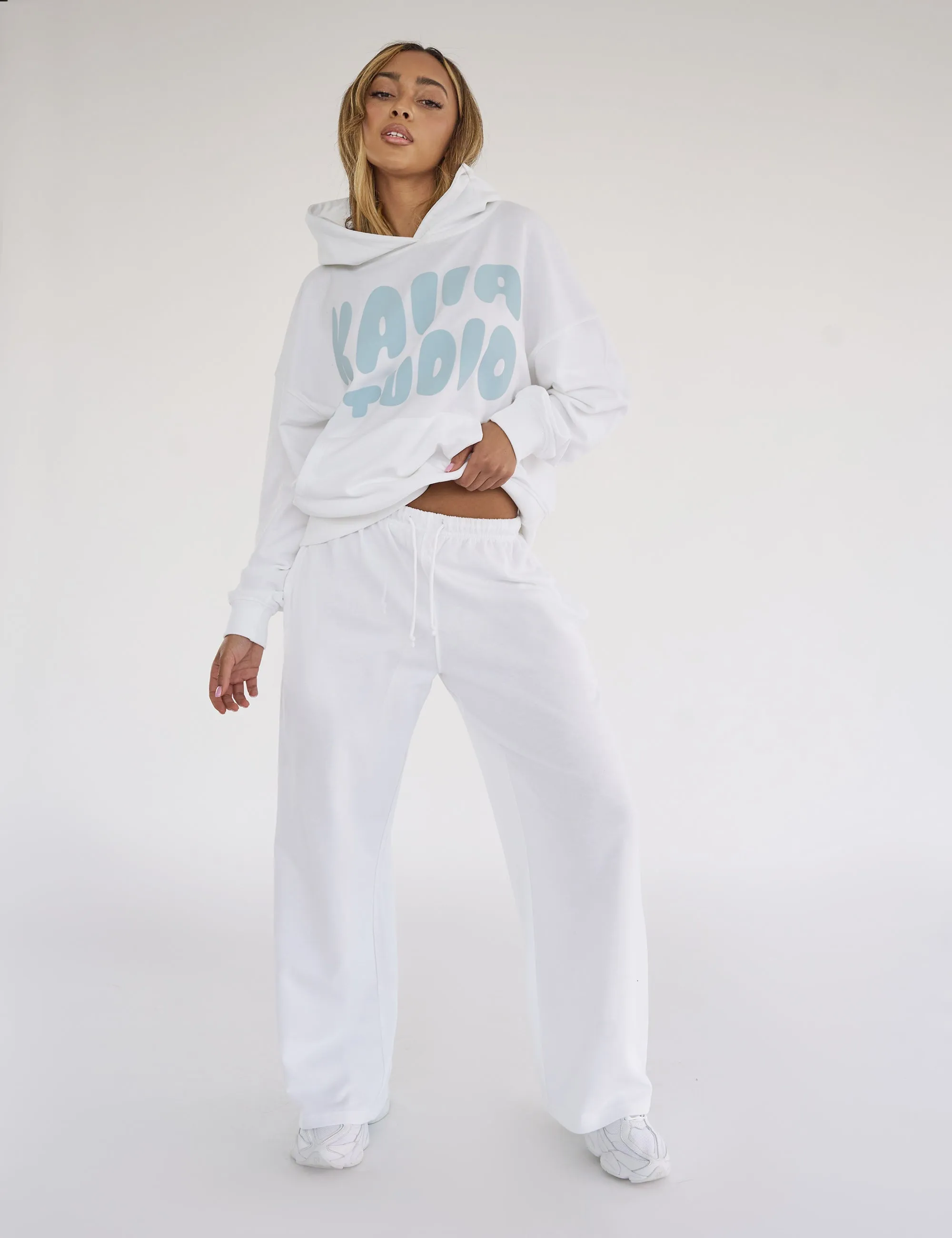 Kaiia Studio Bubble Logo Pocket Wide Leg Sweat Pants White & Blue