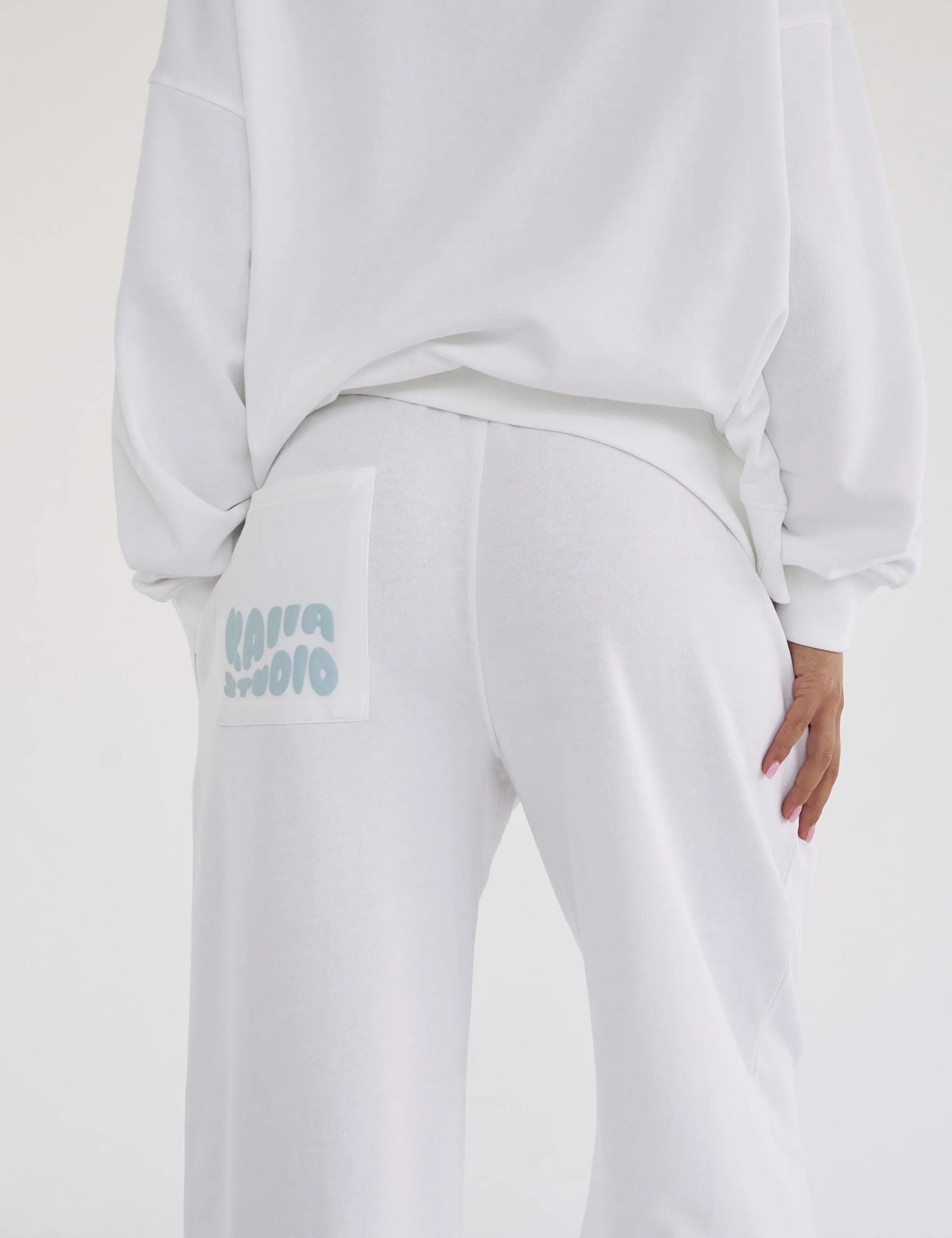 Kaiia Studio Bubble Logo Pocket Wide Leg Sweat Pants White & Blue