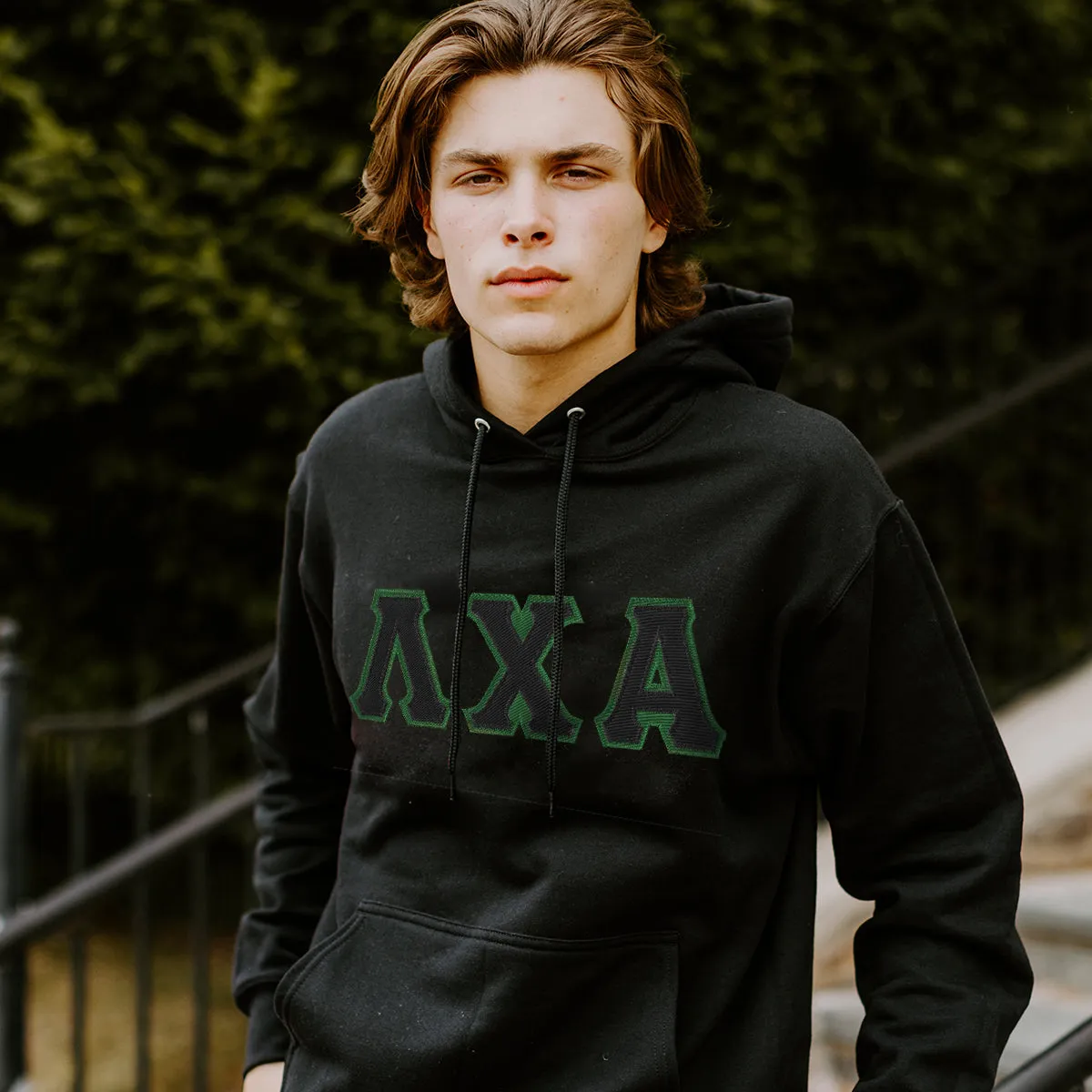 Lambda Chi Black Hoodie with Black Sewn On Letters