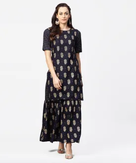 Navy Blue Printed Half Sleeve Kurti With Sharara