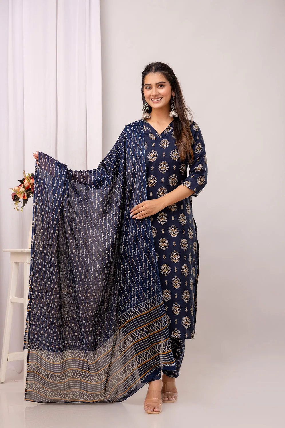 Navy Blue Printed Straight Kurta Set With Dupatta For Women