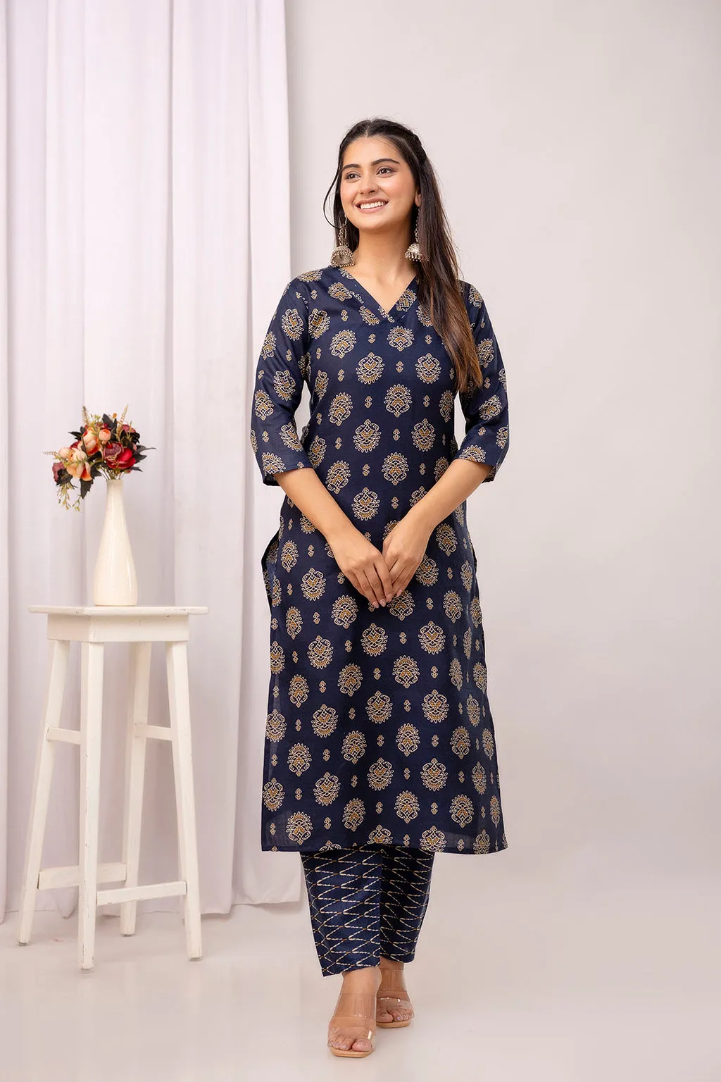 Navy Blue Printed Straight Kurta Set With Dupatta For Women