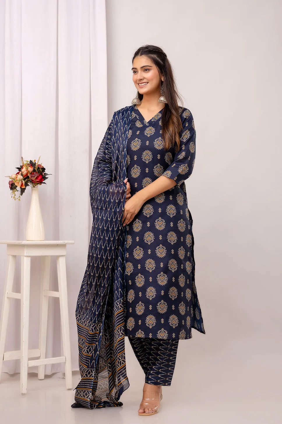 Navy Blue Printed Straight Kurta Set With Dupatta For Women