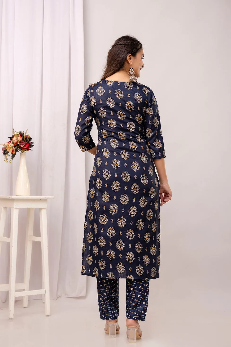 Navy Blue Printed Straight Kurta Set With Dupatta For Women