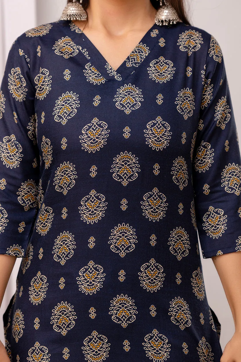 Navy Blue Printed Straight Kurta Set With Dupatta For Women