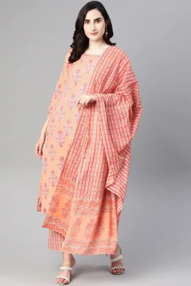 Orange Ethnic Motifs Printed Kurta Trousers Dupatta