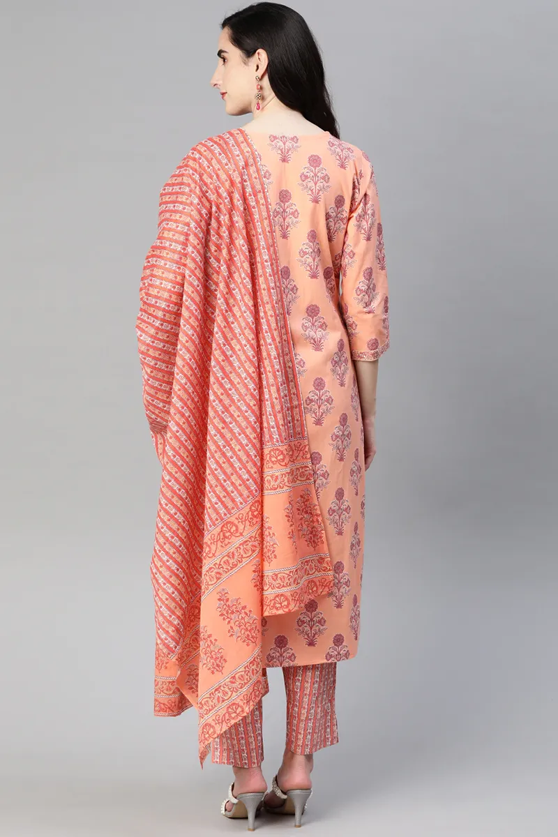 Orange Ethnic Motifs Printed Kurta Trousers Dupatta