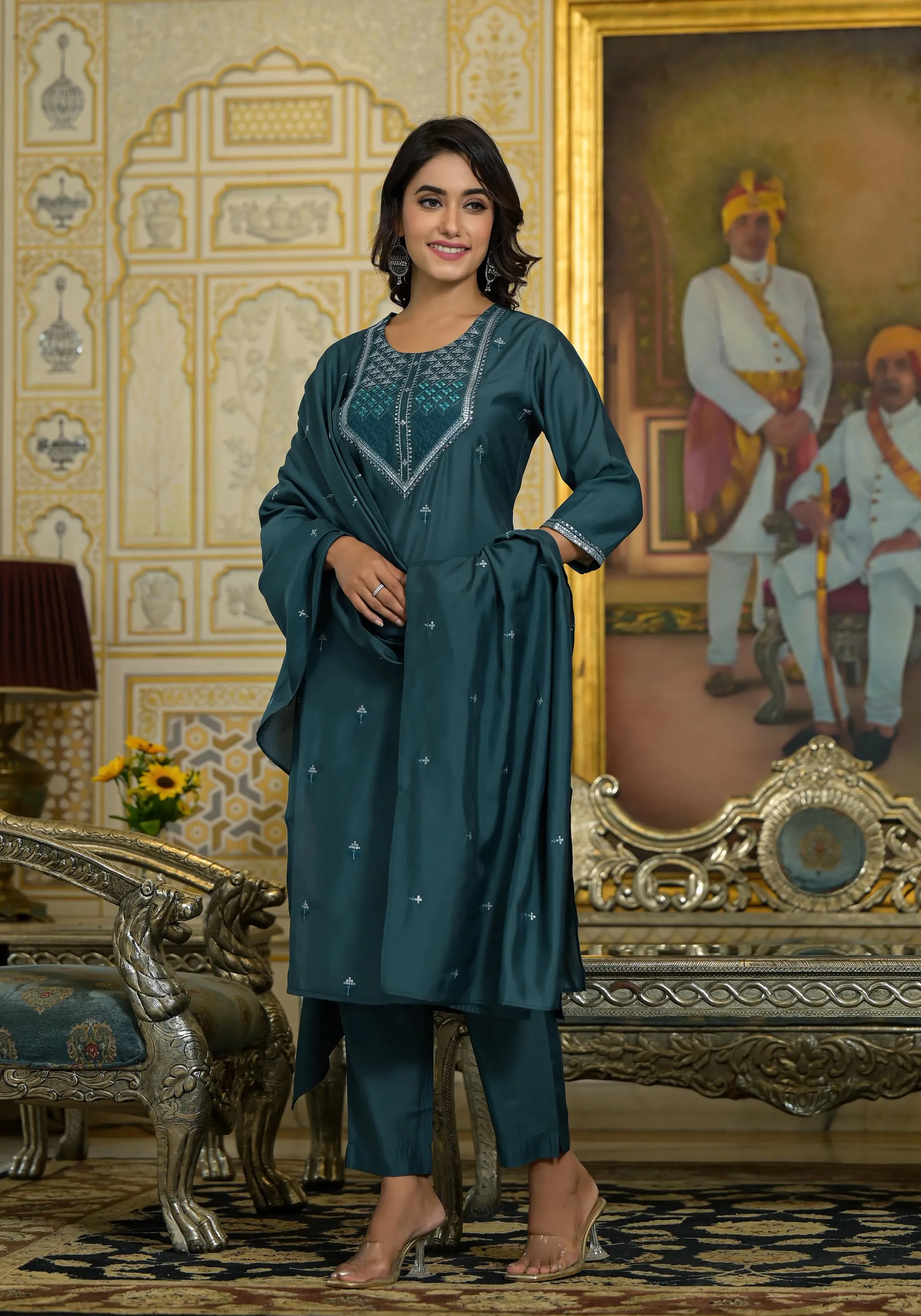 Rama Green Thread Embroidered Viscose Kurta Pant And Dupatta Set With Sequins Work