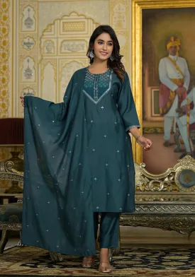 Rama Green Thread Embroidered Viscose Kurta Pant And Dupatta Set With Sequins Work