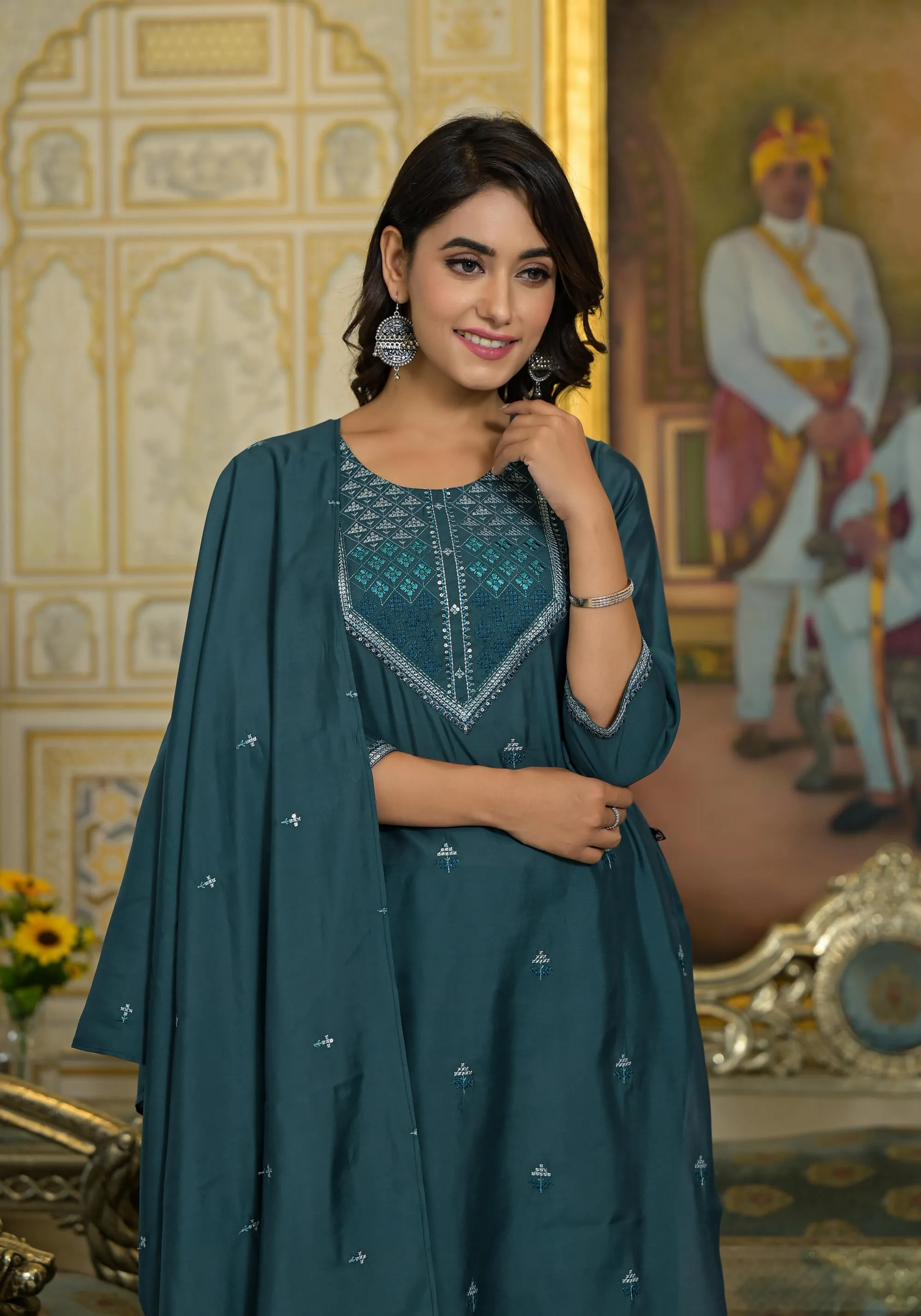 Rama Green Thread Embroidered Viscose Kurta Pant And Dupatta Set With Sequins Work