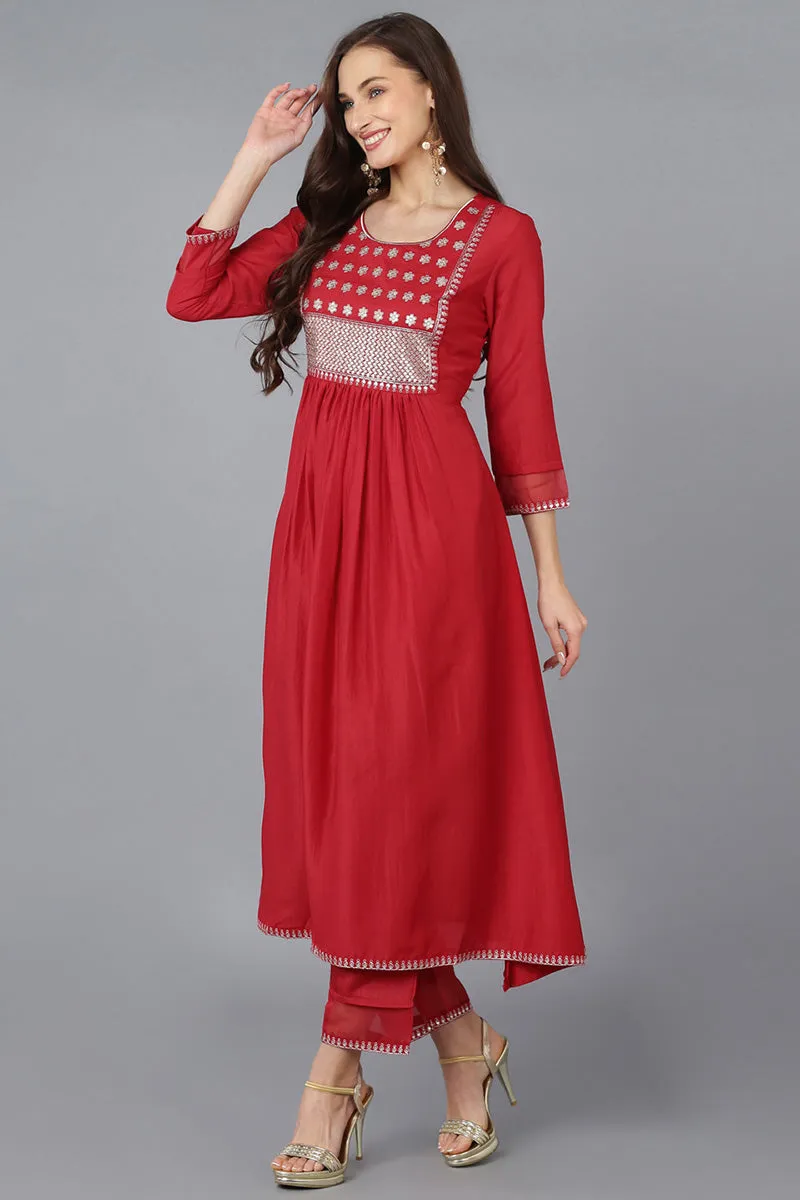 Red Silk Blend Solid A-Line Kurta Trousers With Dupatta