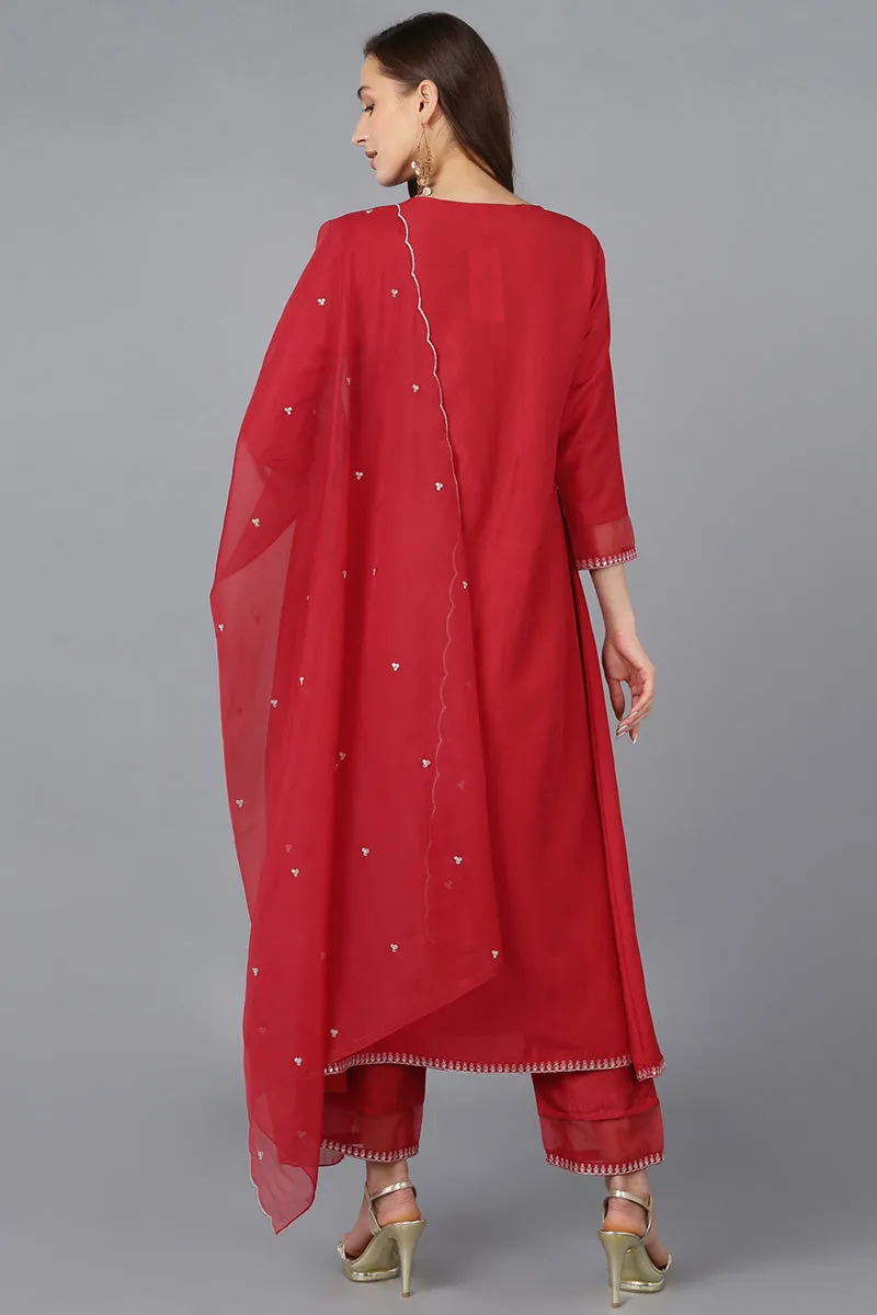 Red Silk Blend Solid A-Line Kurta Trousers With Dupatta