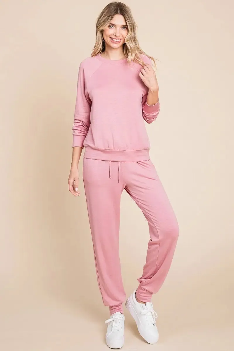 Round Neck Raglan Sleeve Top and Drawstring Pants Lounge Set