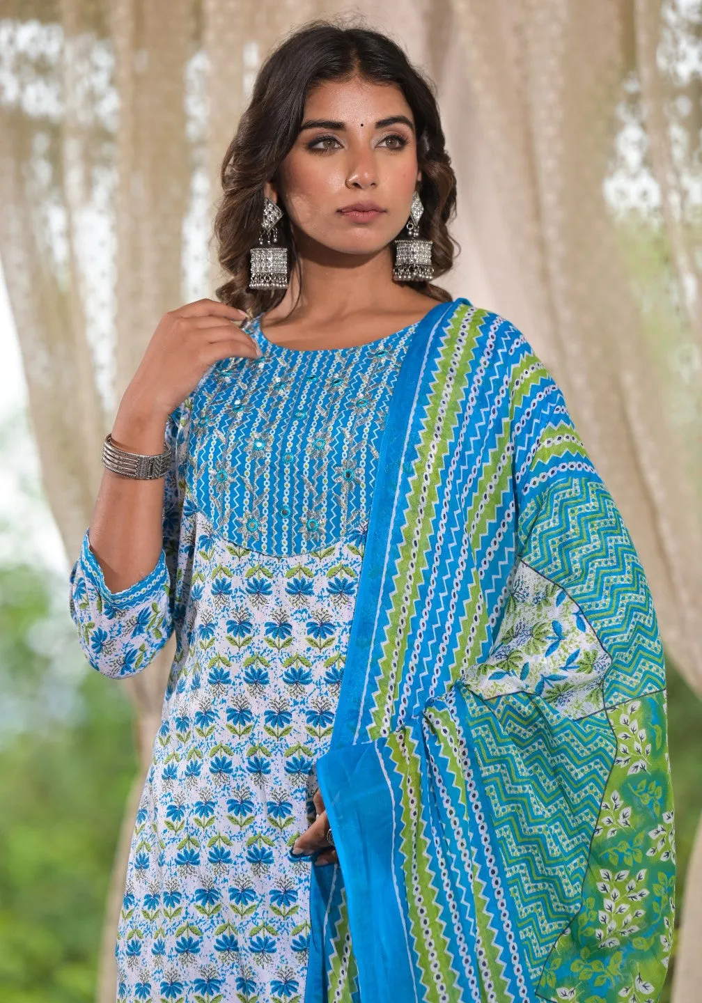 Sky Blue Ethnic Motif Printed Cotton Kurta, Pant And Dupatta Set With Zari & Mirror Work