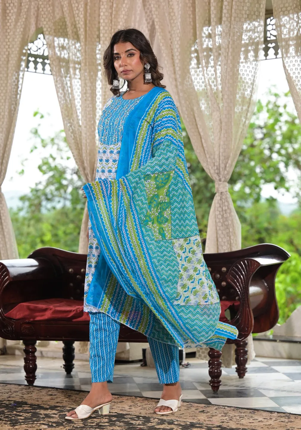 Sky Blue Ethnic Motif Printed Cotton Kurta, Pant And Dupatta Set With Zari & Mirror Work