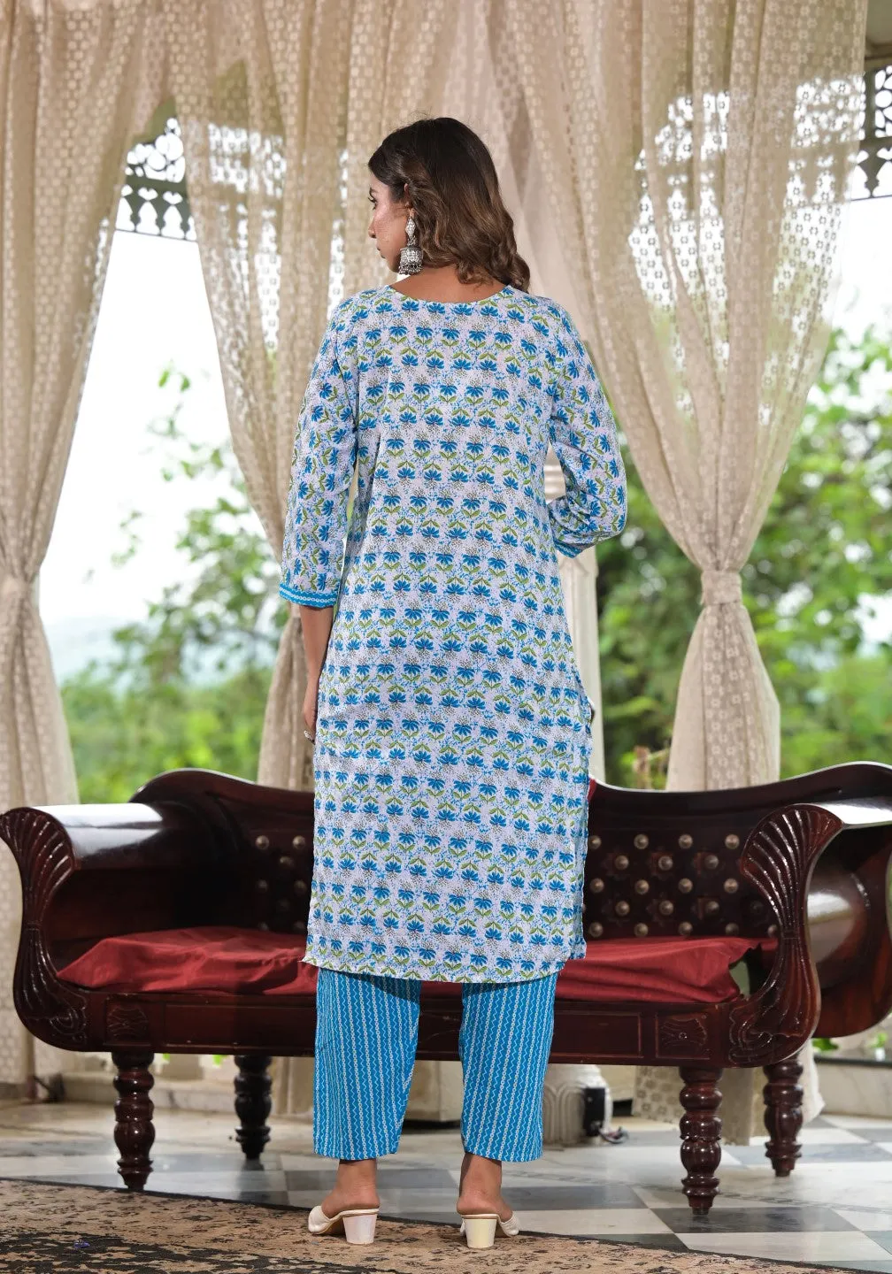 Sky Blue Ethnic Motif Printed Cotton Kurta, Pant And Dupatta Set With Zari & Mirror Work