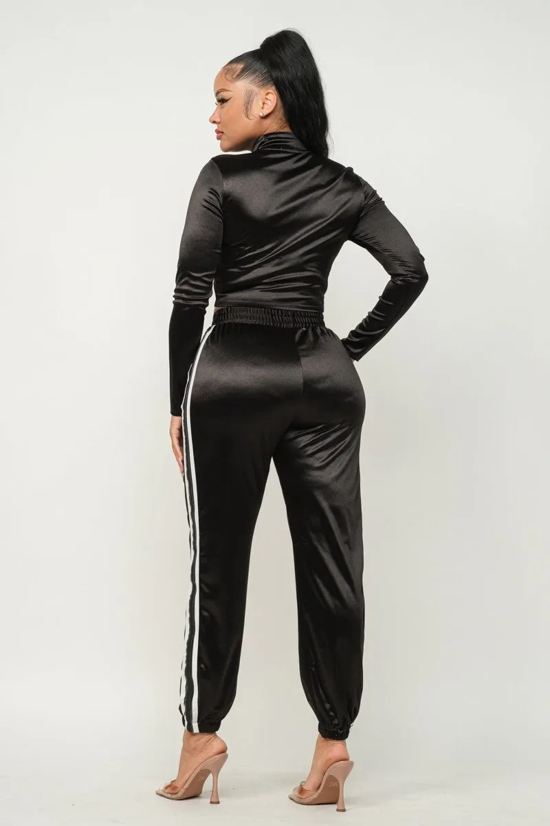 Sporty Front Zip Up Stripes Detail Jacket And Pants Outfit Set - 3 colors