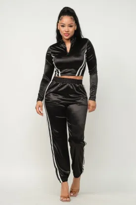 Sporty Front Zip Up Stripes Detail Jacket And Pants Outfit Set - 3 colors