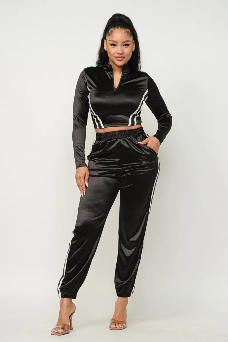 Sporty Front Zip Up Stripes Detail Jacket And Pants Outfit Set - 3 colors