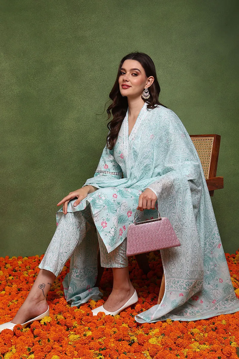 Teal Blue Pure Cotton Floral Printed Straight Suit Set