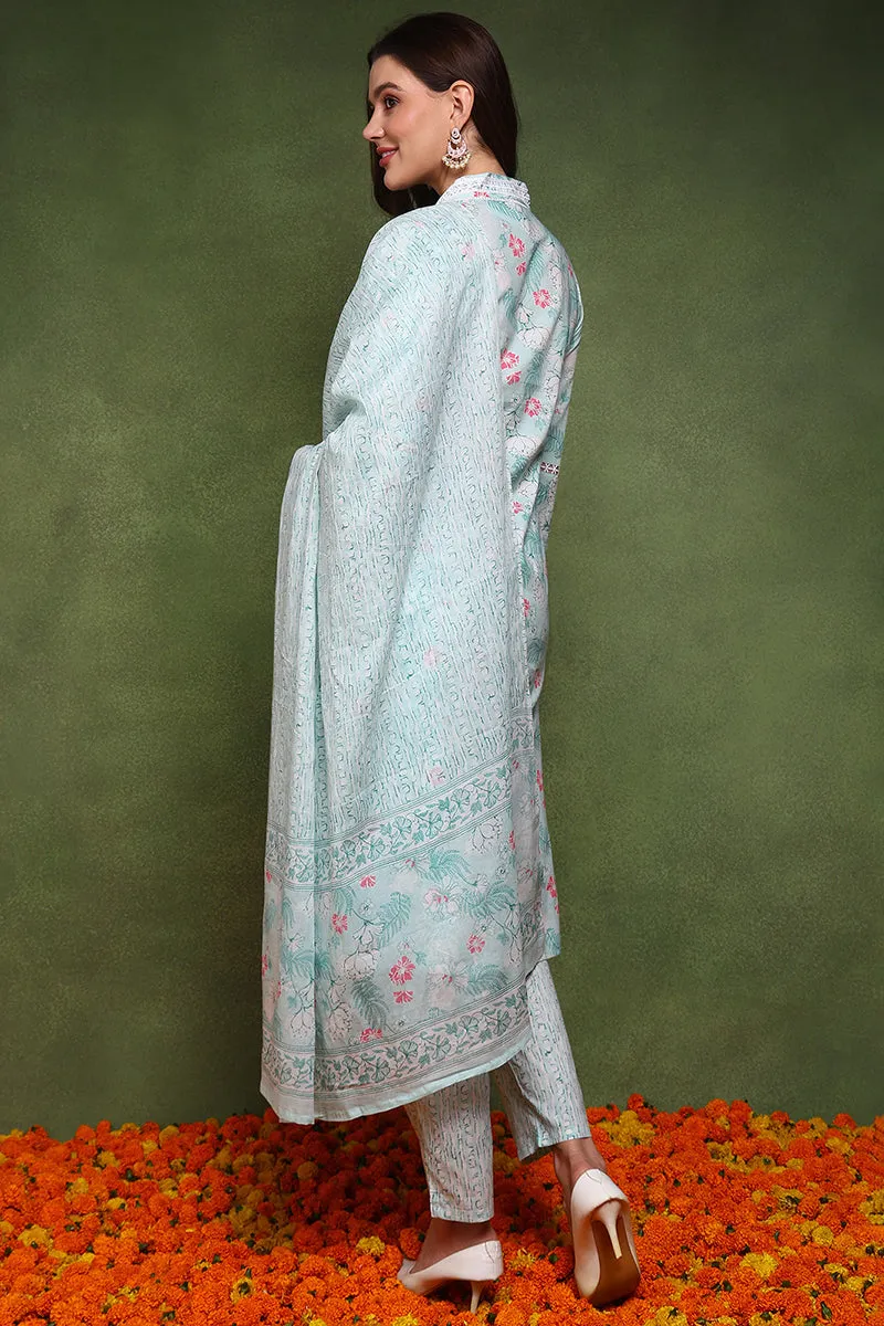 Teal Blue Pure Cotton Floral Printed Straight Suit Set