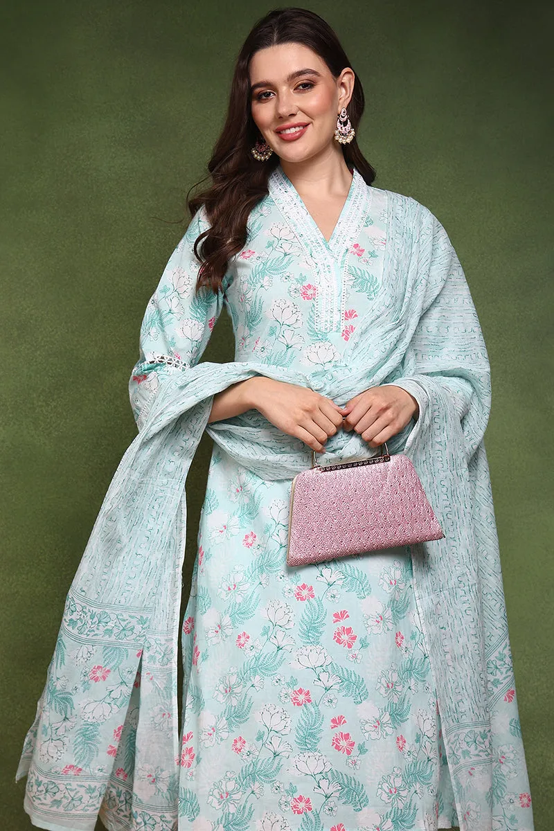 Teal Blue Pure Cotton Floral Printed Straight Suit Set