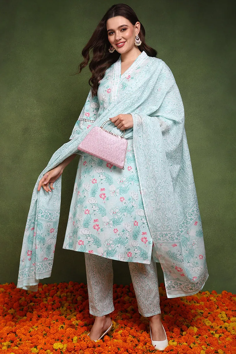 Teal Blue Pure Cotton Floral Printed Straight Suit Set