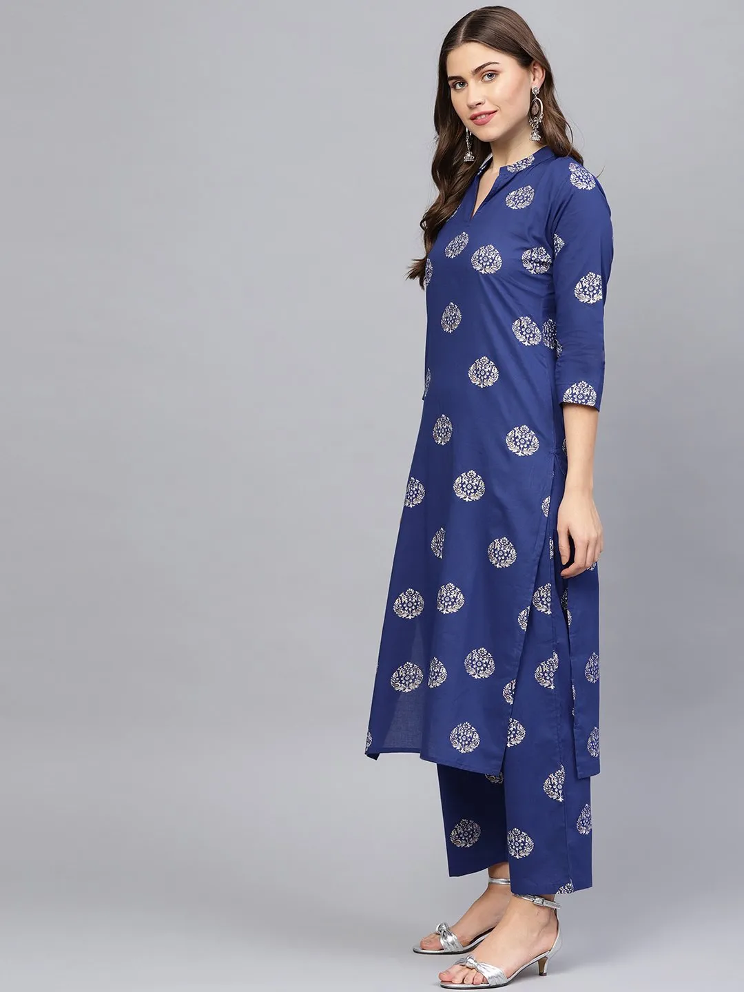 Women Blue & Golden Printed Kurta With Palazzos