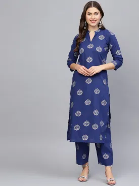 Women Blue & Golden Printed Kurta With Palazzos