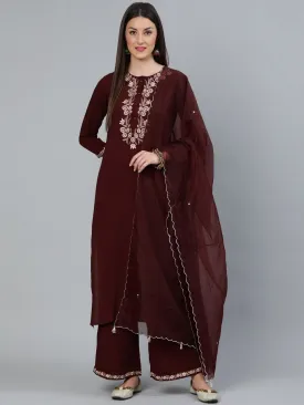 Women Coffee Brown Embroidered Straight Kurta Plazzo & Scalloped Dupatta