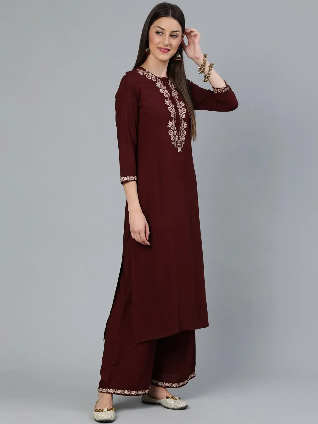 Women Coffee Brown Embroidered Straight Kurta Plazzo & Scalloped Dupatta