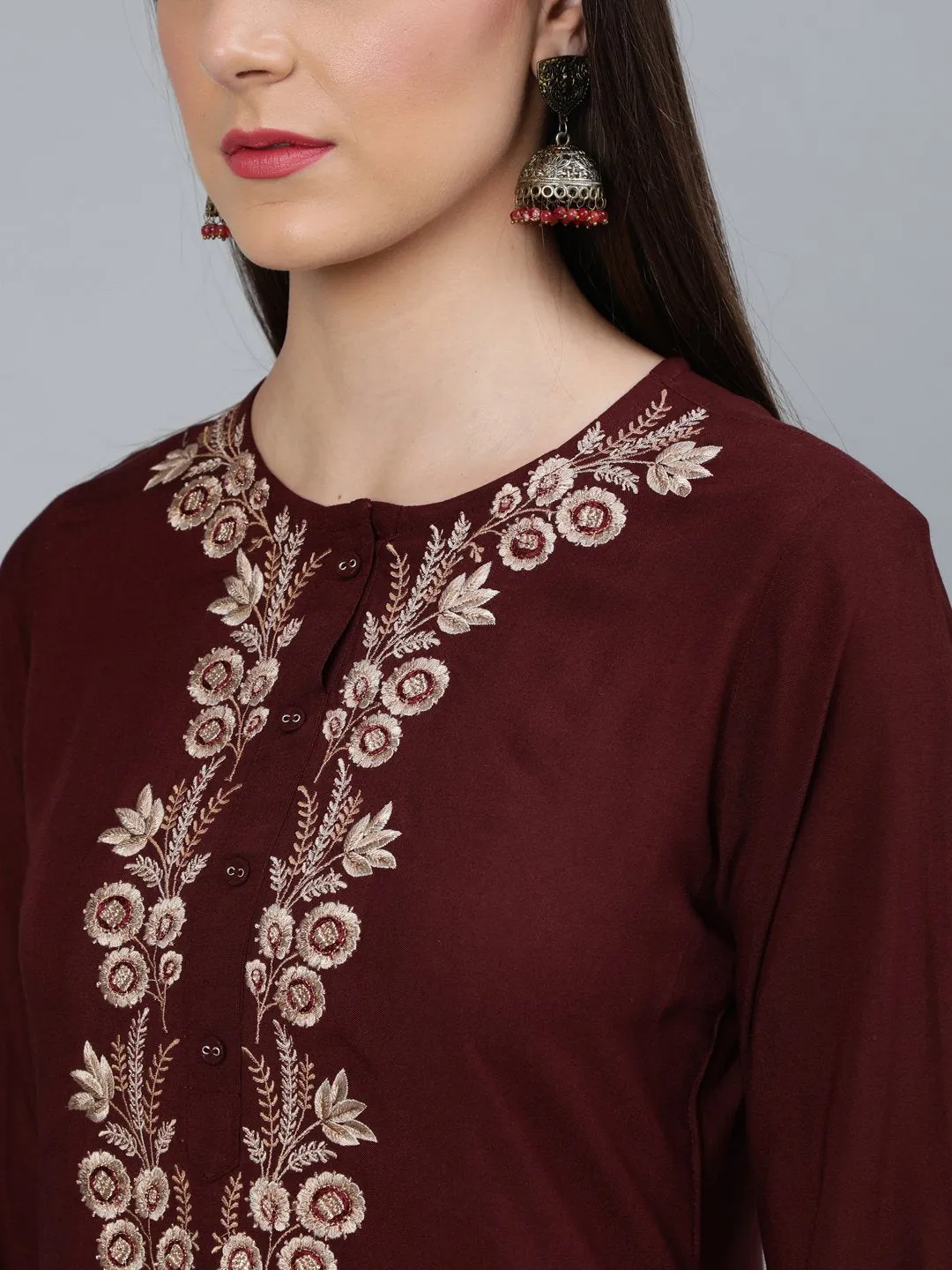 Women Coffee Brown Embroidered Straight Kurta Plazzo & Scalloped Dupatta