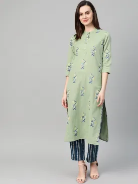 Women Green & Blue Printed Kurta Set