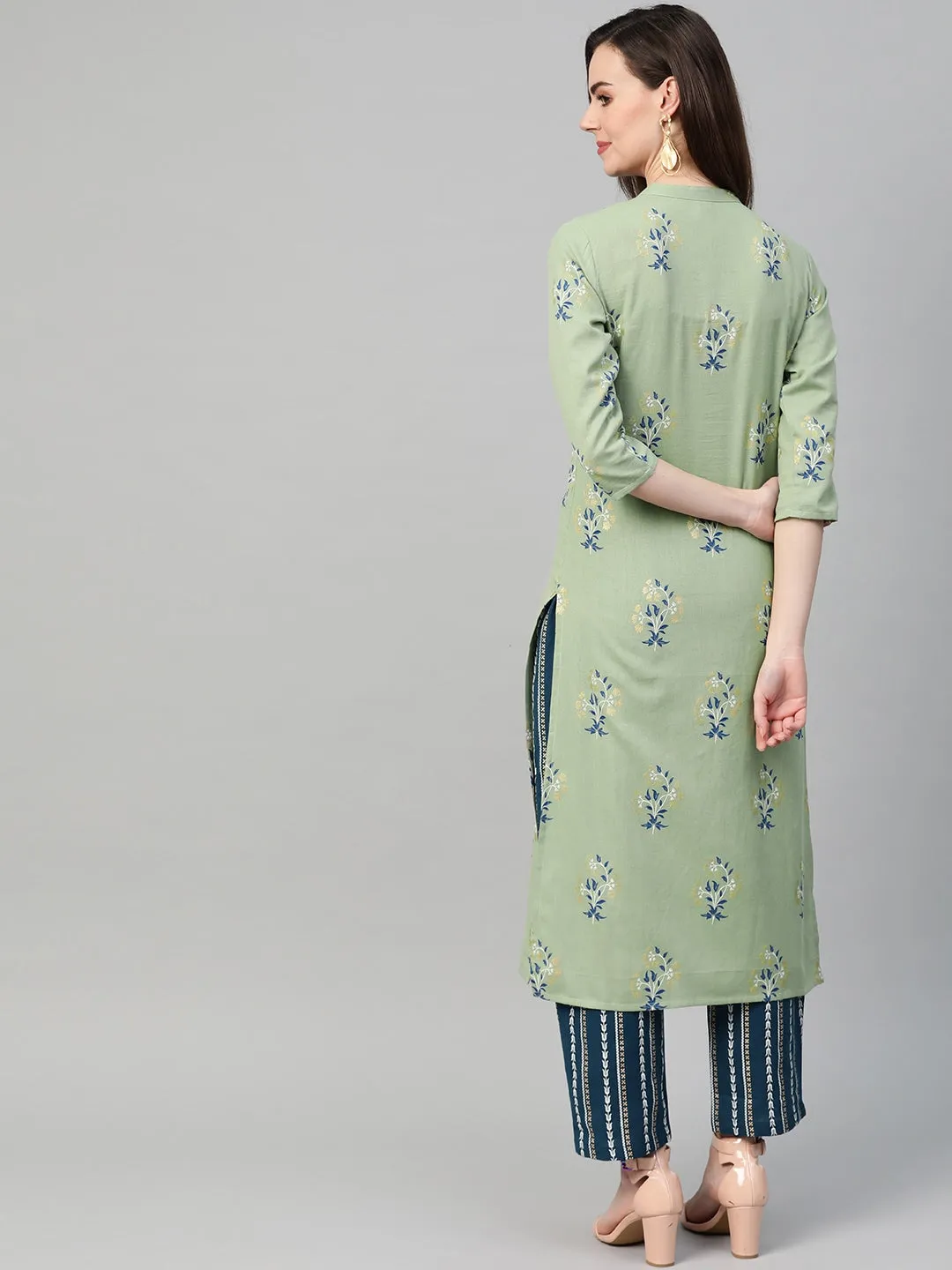 Women Green & Blue Printed Kurta Set