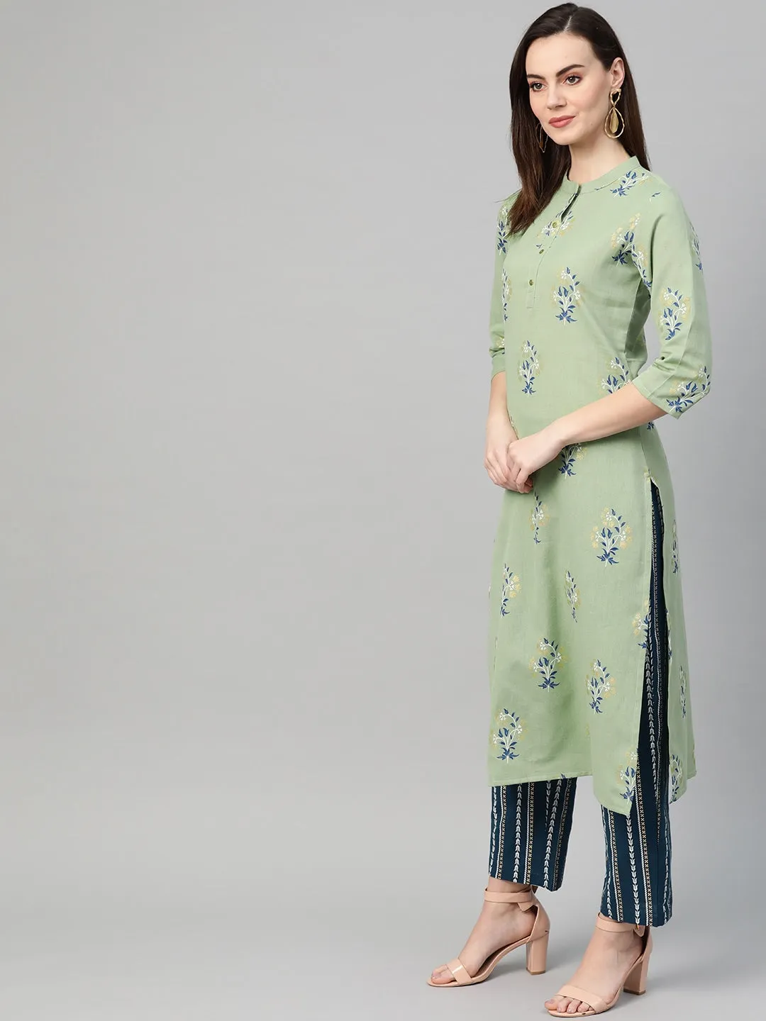 Women Green & Blue Printed Kurta Set