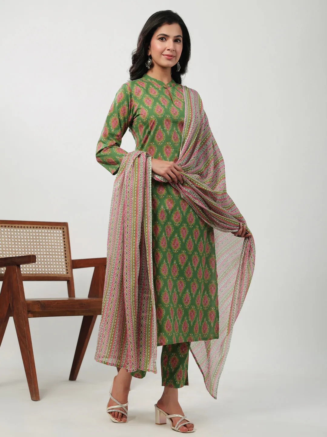 Women Green Cambric Kurta, Bottom & Dupatta