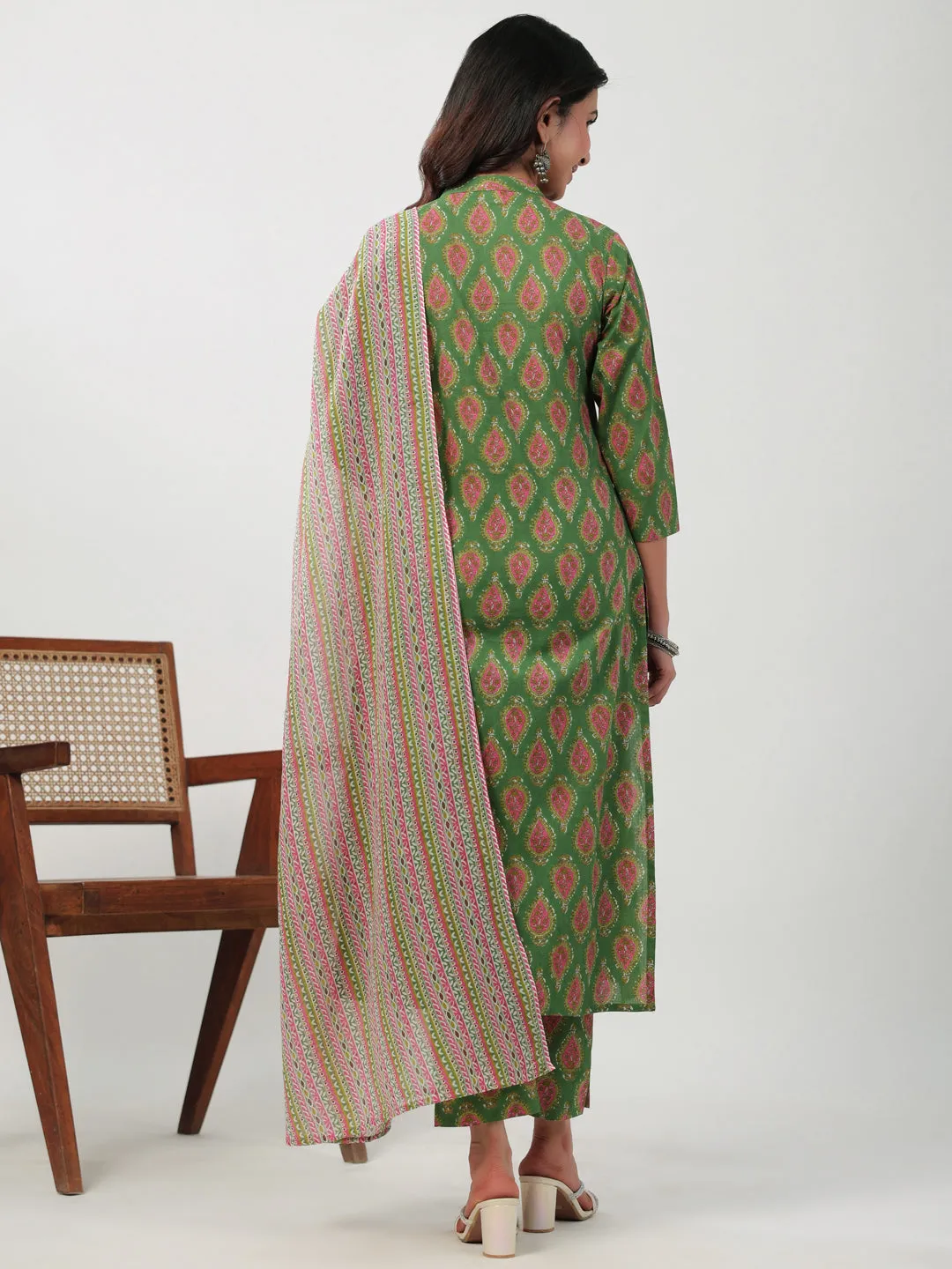 Women Green Cambric Kurta, Bottom & Dupatta