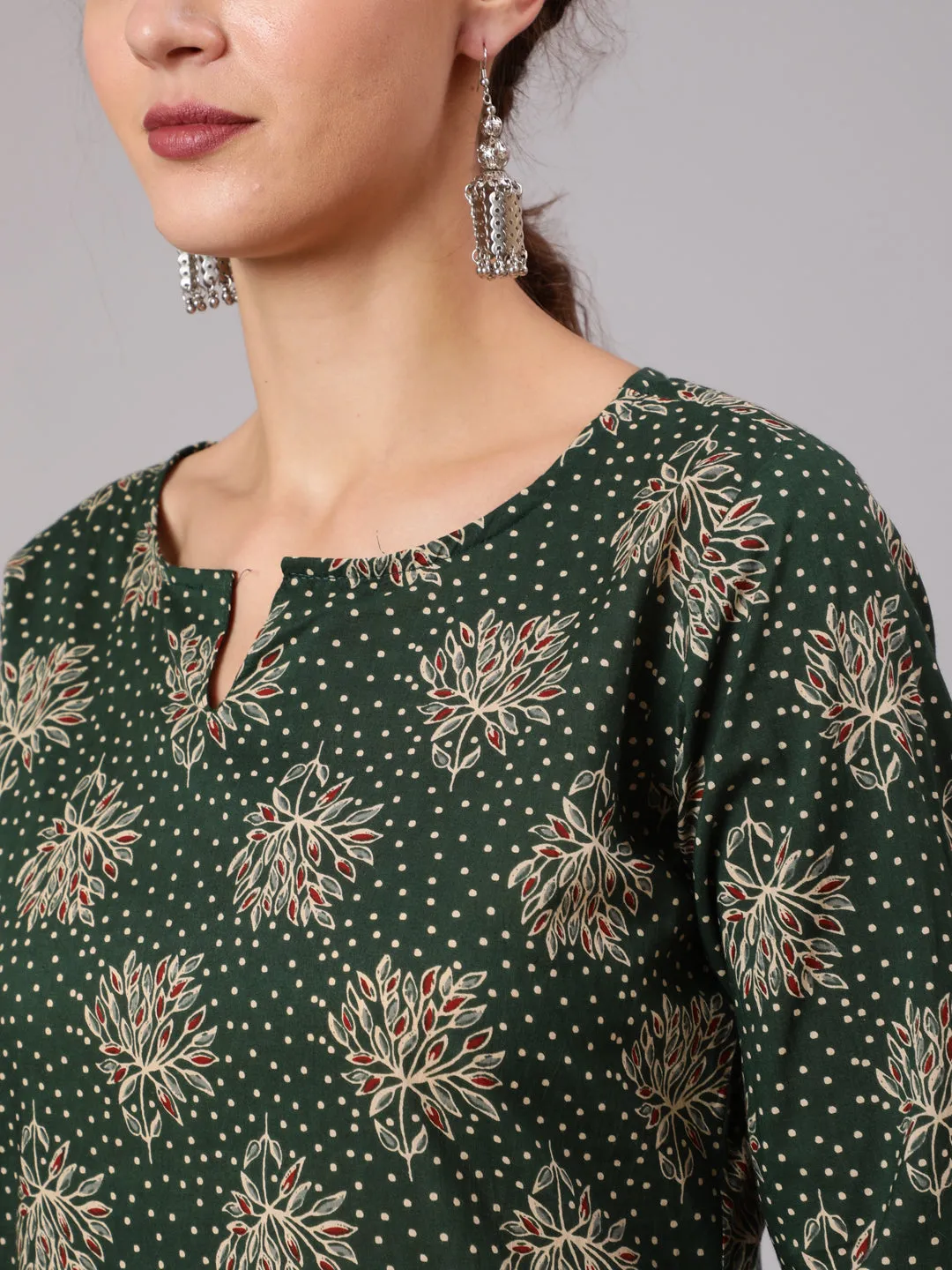 Women Green Ethnic Printed Kurta With Plazzo And Dupatta