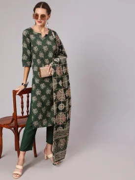 Women Green Ethnic Printed Kurta With Plazzo And Dupatta