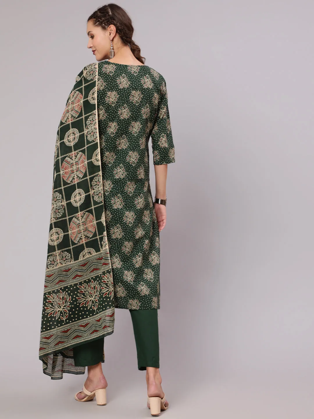 Women Green Ethnic Printed Kurta With Plazzo And Dupatta