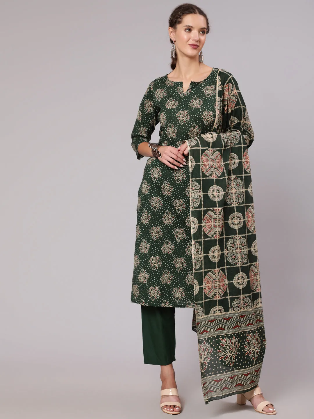 Women Green Ethnic Printed Kurta With Plazzo And Dupatta