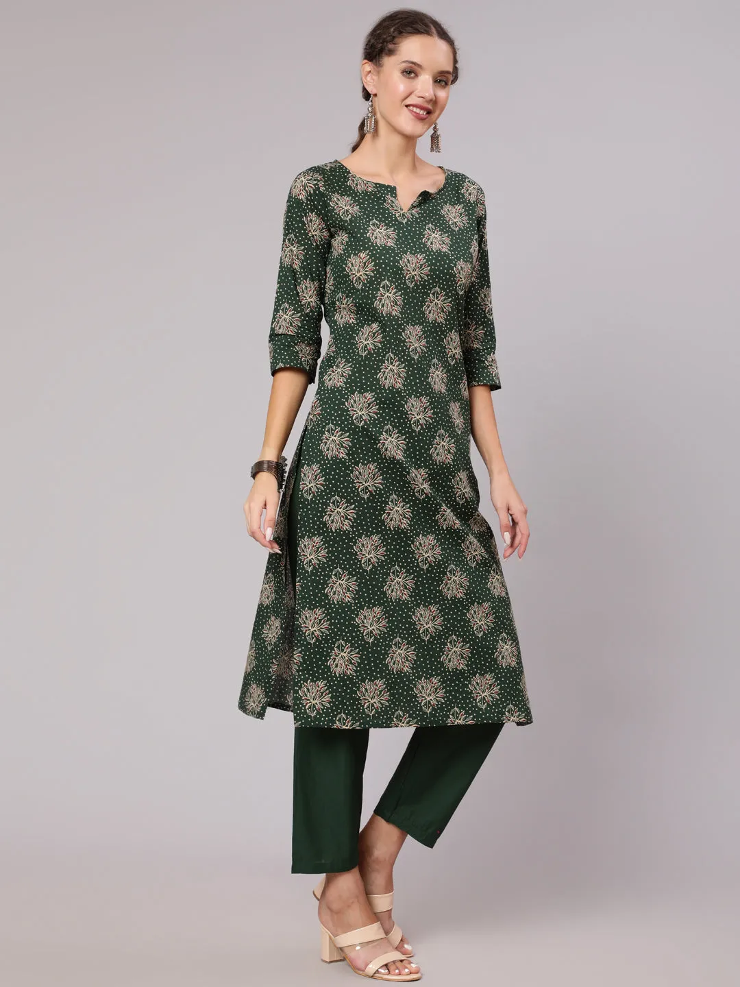 Women Green Ethnic Printed Kurta With Plazzo And Dupatta