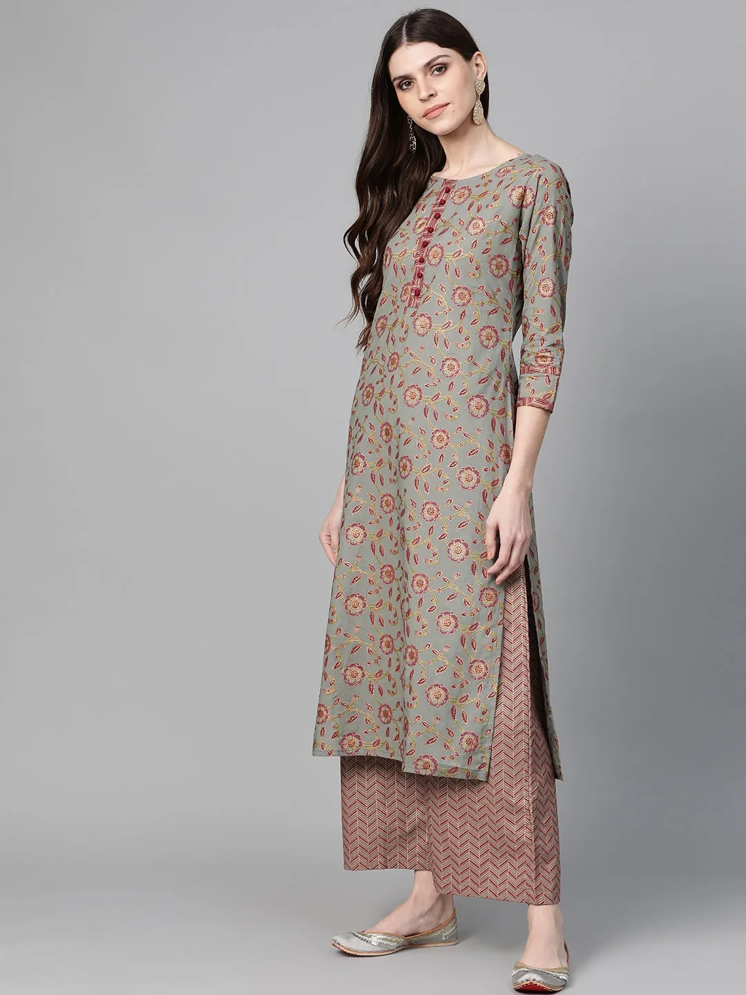 Women Grey & Gold Printed Kurta Set