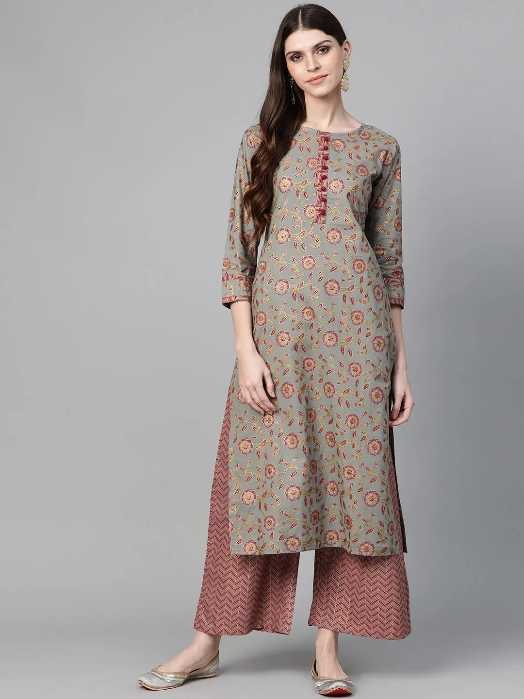 Women Grey & Gold Printed Kurta Set