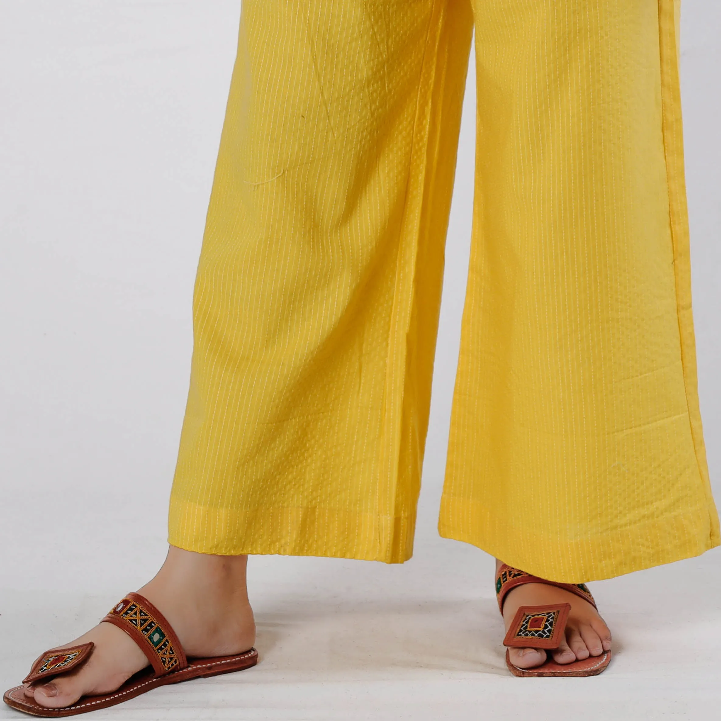 Yellow - Running Stitch Cotton Palazzo by iTokri Casuals